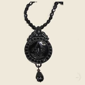 Brighton Black Beaded Fleur de Lis Pendant Necklace Adjustable Lobster Clasp